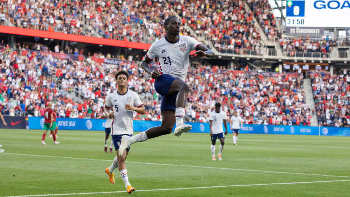 USMNT’s Tim Weah celebrates his goal vs. Morocco